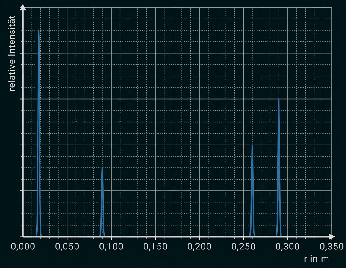 Diagramm: relative Intensität gegen r (m) mit schmalen Peaks bei ~0 m, ~0,09 m, ~0,25 m und ~0,29 m